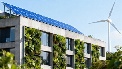 Modern building with solar panels and greenery