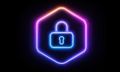 Glowing neon outline of a padlock icon within a hexagon shape, on a black background
