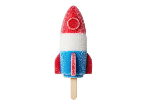 Single, perfectly formed red, white, blue rocket-shaped popsicle, frosty with ice crystals and condensation on transparent studio background, commercial food concept
