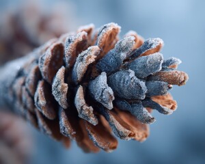 Close up of a frosted pine cone with brown scales and grey tips pinecone winter