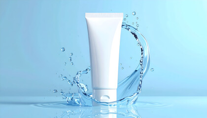 A refreshing skincare product tube surrounded by a dynamic water splash on a soothing blue background