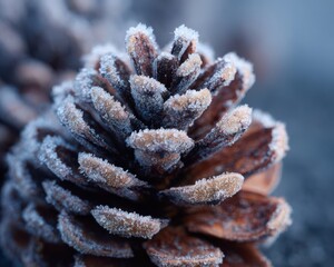 Close up of a pine cone covered in frost with ice crystals pinecone winter