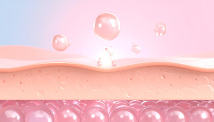 Microscopic View of Pink Serum Bubbles Penetrating Skin Layers for Deep Hydration and Anti-Aging Beauty Treatment Illustration