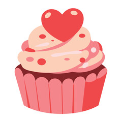Cupcake with heart icon. Cute, stylized vector cupcake featuring pink frosting dotted with sprinkles, topped with a vibrant red heart on a white background. Vector illustration in flat style. Sticker 
