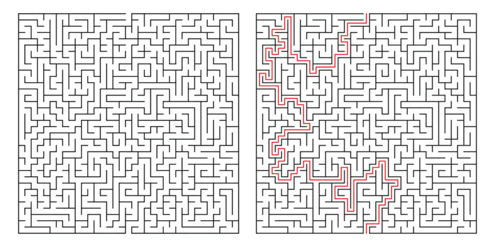 Adult Rectangular Maze Game - Complex Maze Game Flat Vector Black and White Outline Illustration for Kdp.