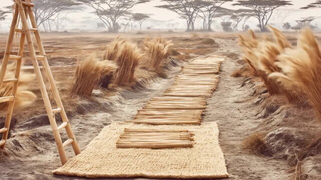 A tranquil landscape shows a makeshift path of reeds and a ladder leading toward blurred trees