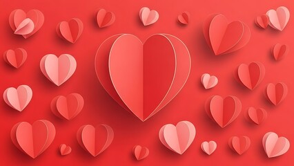 features a collection of red paper hearts of varying sizes scattered across a solid red background.