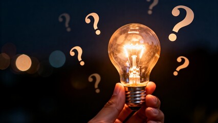 Hand holding lit light bulb with question marks