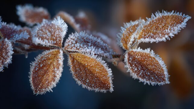 Close up of brown leaves covered in delicate frost crystals on a dark background leaf - Powered by Adobe