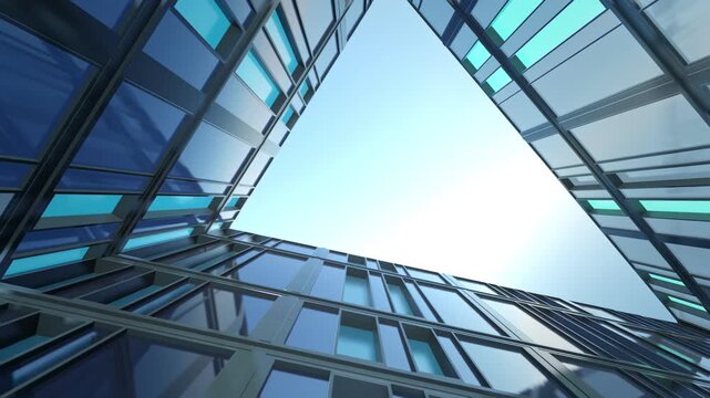 Modern Architectural Design Triangular Openings in Glass Buildings with Sleek Lines and Reflective Surfaces, Showcasing Contemporary Architecture and Dynamic Visual Effects Against Clear Blue Sky