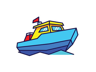 Naklejka premium Cartoon Blue Motorboat Sailing on Water.