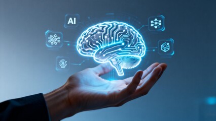 Hand holding glowing brain with AI icons