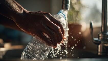Close-up of hands rinsing a clear plastic bottle under running water at a kitchen sink