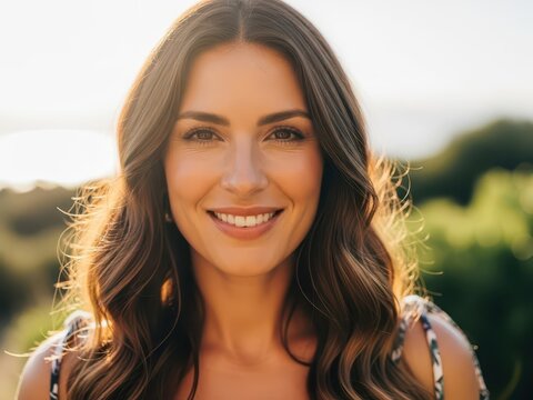 Portrait of a smiling woman with long brown hair and a white background