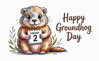Happy Groundhog Day Cute Groundhog Illustration on white background