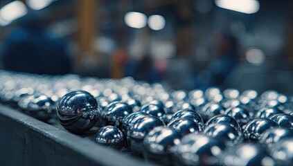 Polished metal spheres on a manufacturing conveyor, slightly out of focus. Industrial background