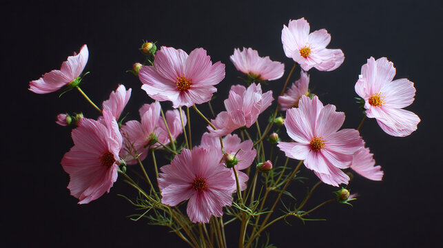 Delicate pink cosmos flowers gracefully blooming against a dark backdrop. The image captures the serene beauty of these blossoms