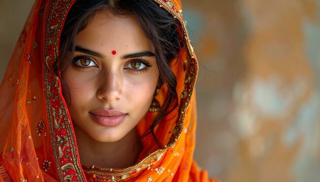 Beautiful Indian Woman in Traditional Orange Attire with a Bindi and Veil, Portrait.