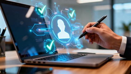 Person using laptop with digital identity interface