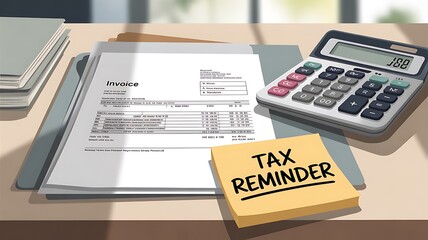 Obraz premium A white invoice document and a calculator sit on a desk with a yellow tax reminder note