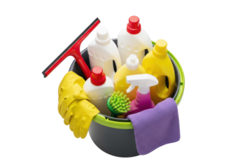 Dark grey cleaning bucket with lime green rim, colorful cleaning supplies, studio lit on white from high angle, concept of household organization