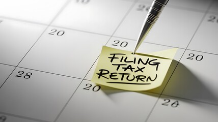 A yellow sticky note saying FILING TAX RETURN is pinned onto a white calendar with a pen