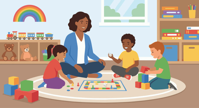 Play Therapist Group Session
A flat vector illustration of a play therapist facilitating a small group of children playing together. Board games, building blocks, or cooperative toys are visible. 