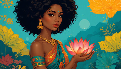 Diverse Woman in Sari with Lotus and Digital Technology Background.