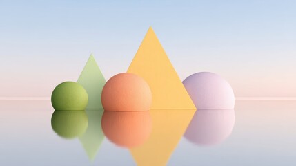 Minimalist 3D geometric shapes reflecting on a smooth surface. Great for design blogs, architecture sites, or corporate presentations about balance, modern aesthetics, and simplicity.