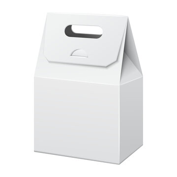 Blank white paper gable box mockup standing isolated for food packaging branding, clean minimalist gift container 3d illustration on transparent background