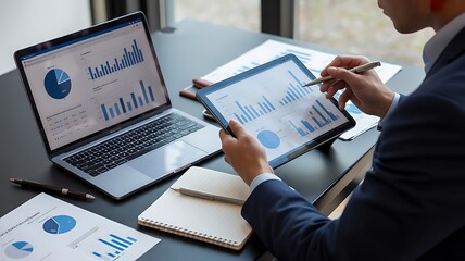 Business professional deeply analyzes diverse financial data charts on tablet and laptop screens