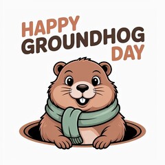 Happy Groundhog Day Adorable Groundhog Cartoon With Scarf on white background
