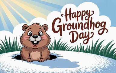 Happy Groundhog Day Cute Groundhog Character With Snowy Background