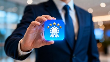 Businessman holding digital award icon