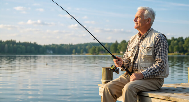 Senior fisherman sitting on a wooden dock holding a rod at the lake. Happy elderly man enjoying retirement hobby outdoors. Copy space for text