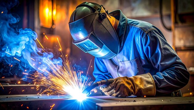 A welder in protective gear skillfully works, creating bright sparks during the welding process - Powered by Adobe
