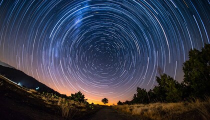 A mesmerizing night sky filled with star trails, showcasing circular movement and a silhouette of trees