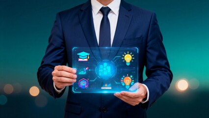 Businessman holding futuristic digital tablet