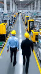 Obraz premium Supervisors walking through a modern factory production line, symbolizing industrial management, automation oversight, and operational efficiency. 