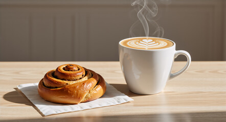 Steaming cup of coffee with latte art and a fresh cinnamon roll on a wooden table. Hot cappuccino mug and sweet pastry bun for breakfast. Morning break concept