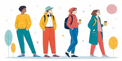 A flat vector illustration featuring five people in bold, vibrant colors.
