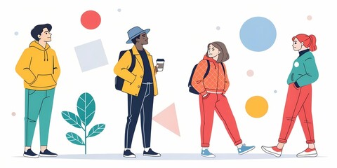 A flat vector illustration featuring five people in bold, vibrant colors.
