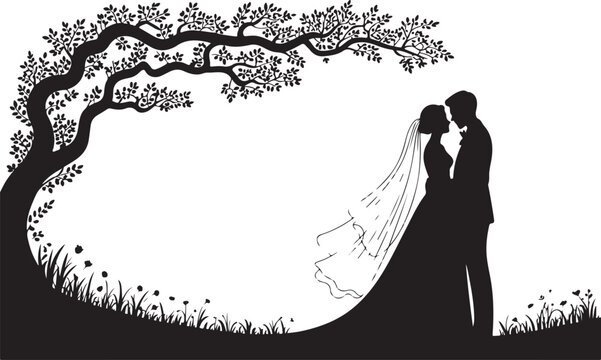 Black vector silhouette illustration of a romantic couple on the beach showing a married bride and groom kissing in a wedding celebration