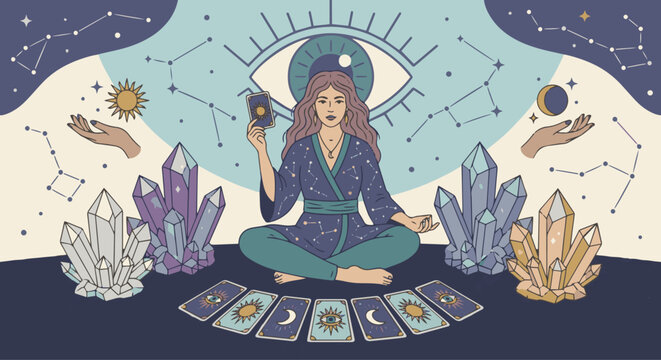 &nbsp;Tarot Reader with Crystal and Cards
A flat vector illustration of a tarot reader surrounded by crystals, tarot cards, and symbolic elements like eyes or constellations. 