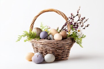 Natural Easter basket composition in a clean isolated style for commercial stock photography and holiday visuals.