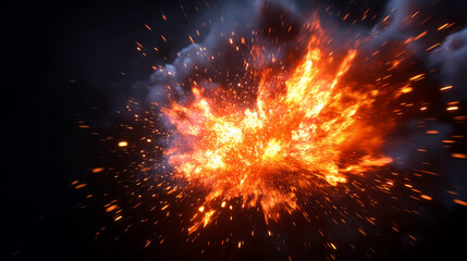 Powerful fiery explosion with sparks on a dark background, symbolizing energy, destruction, intensity, and dramatic impact.
