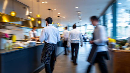 Busy professional restaurant kitchen with chefs working during service, symbolizing gastronomy, teamwork, and food industry operations.
