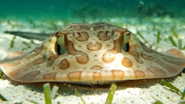 Close-up view of a stingray resting on the sandy seabed with striking patterned skin, underwater marine life