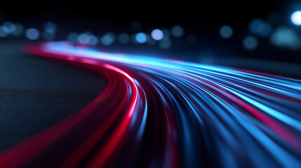 Colorful light trails on a curved road at night, symbolizing speed, data transmission, and futuristic transportation technology.