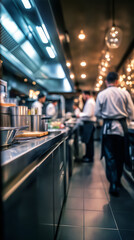 Busy professional restaurant kitchen with chefs working during service, symbolizing gastronomy, teamwork, and food industry operations.
